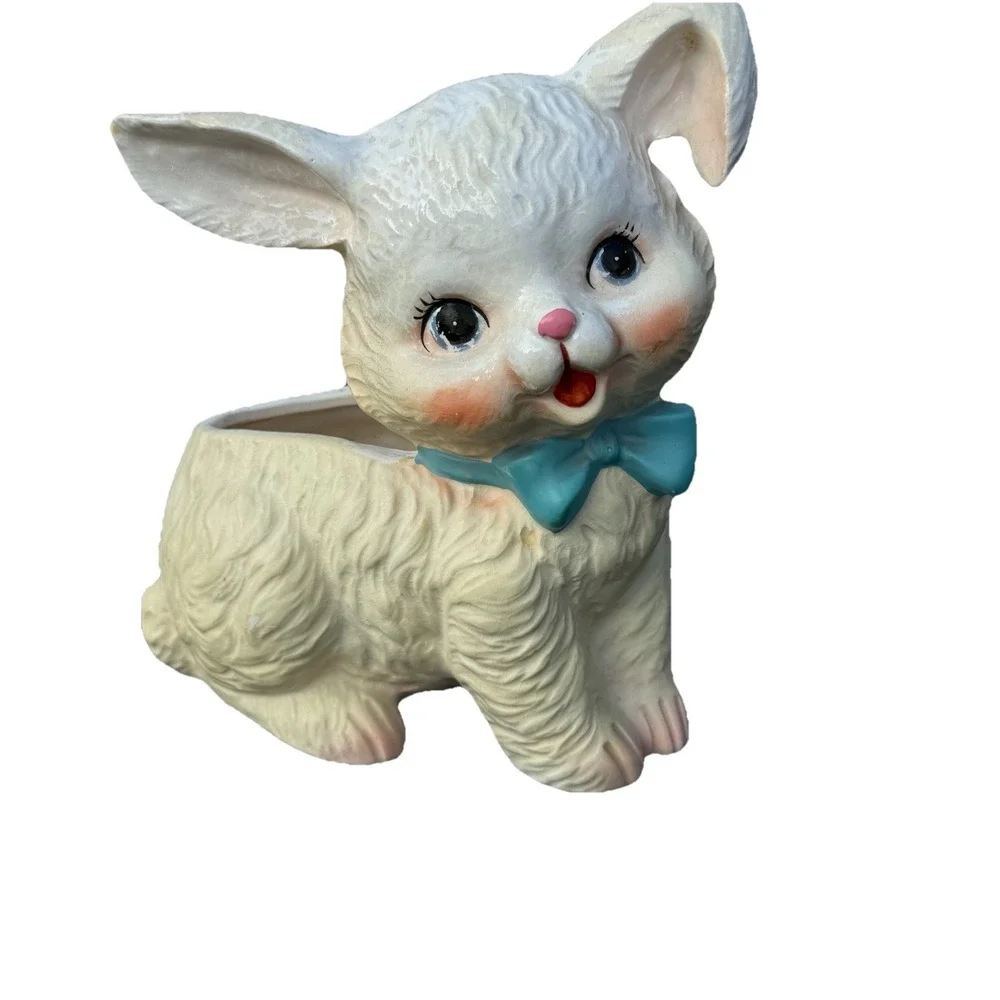 Vintage NAPCO Bunny Planter Storybook Rabbit Blue Bow Japan 1950s MCM